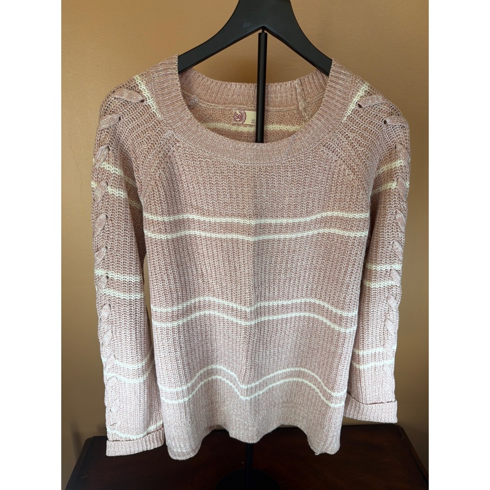Heritage Womens XL Pink Striped Knit Sweater Braided‎ Sleeve Crew Neck Pullover